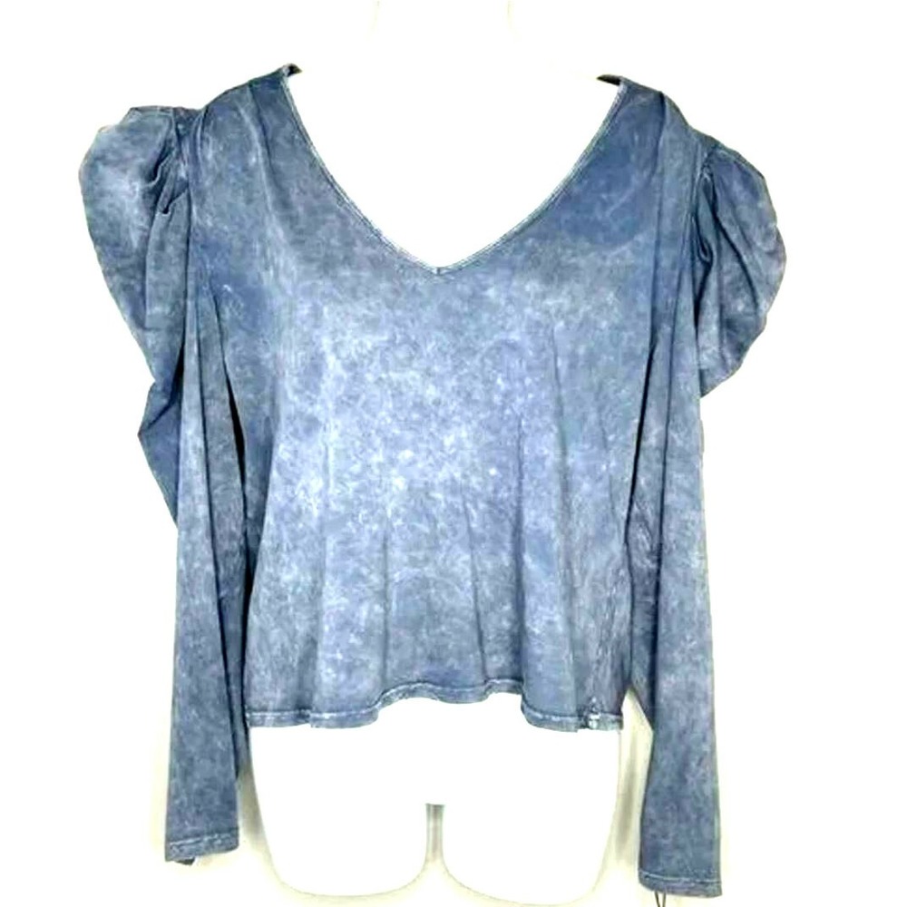 7 For All Mankind Women Blue Tie Dye Cotton Puff Sleeve V-Neck Top 70018 S